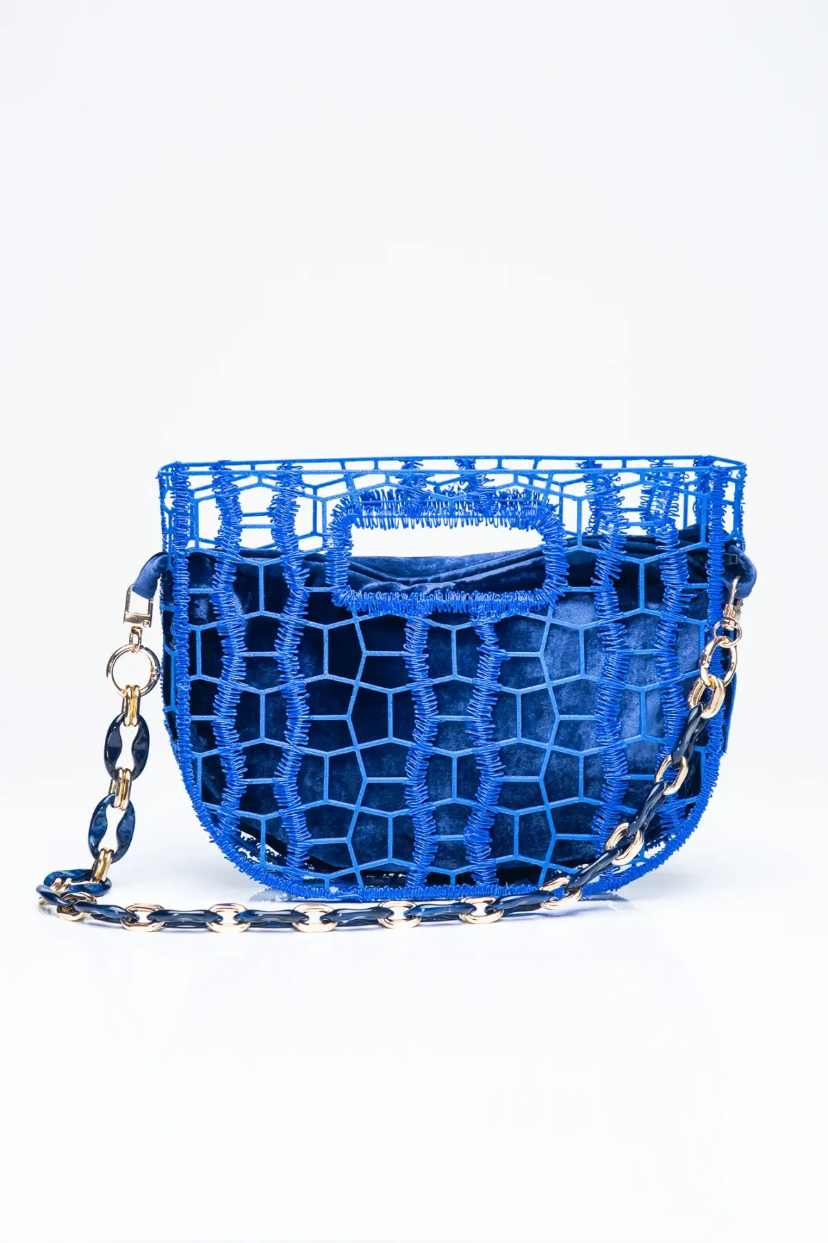 Cobalt blue Moon 3D printed designer bag with chain strap – sculptural eco bag by NodosbyG