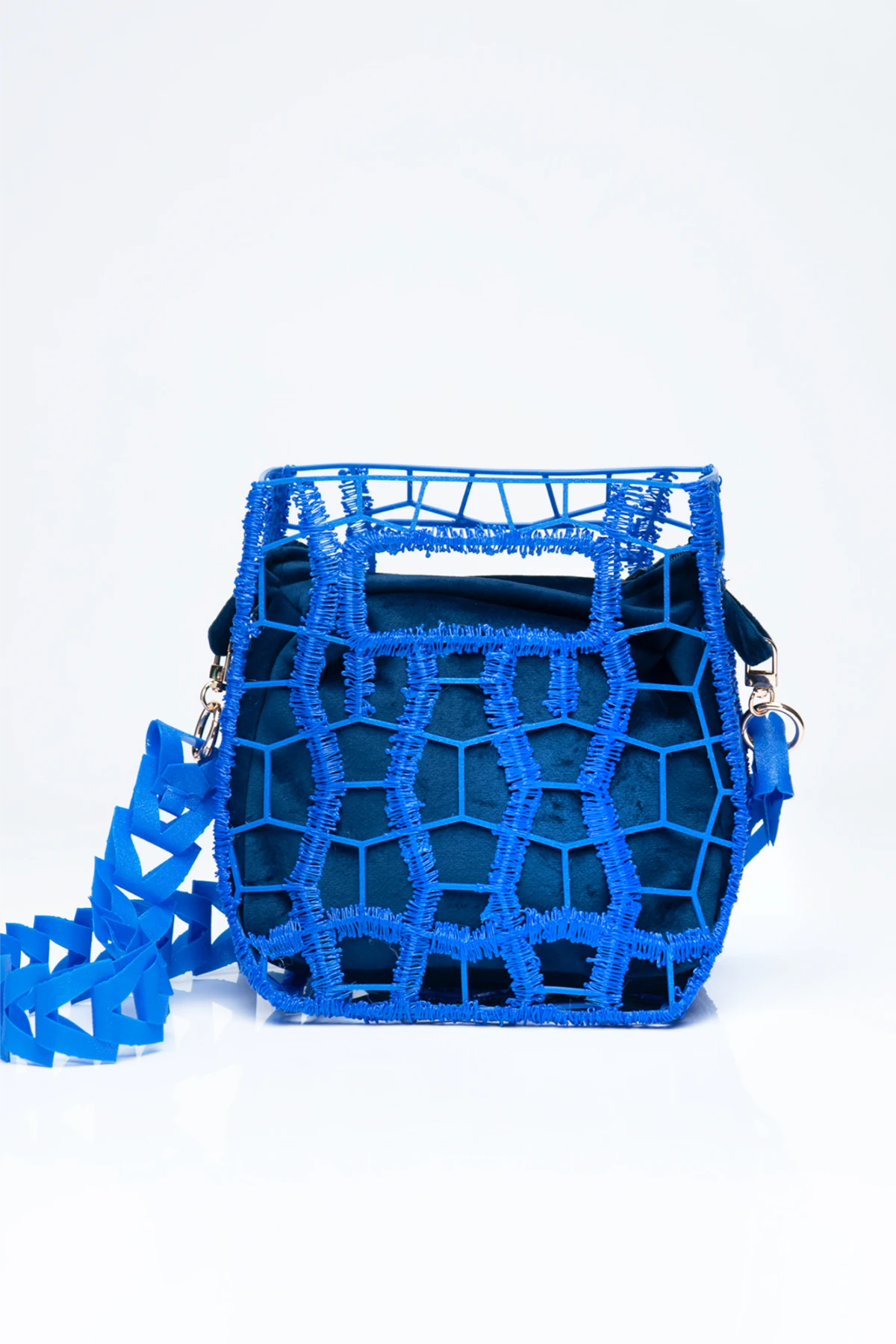Blue geometric handbag with unique design